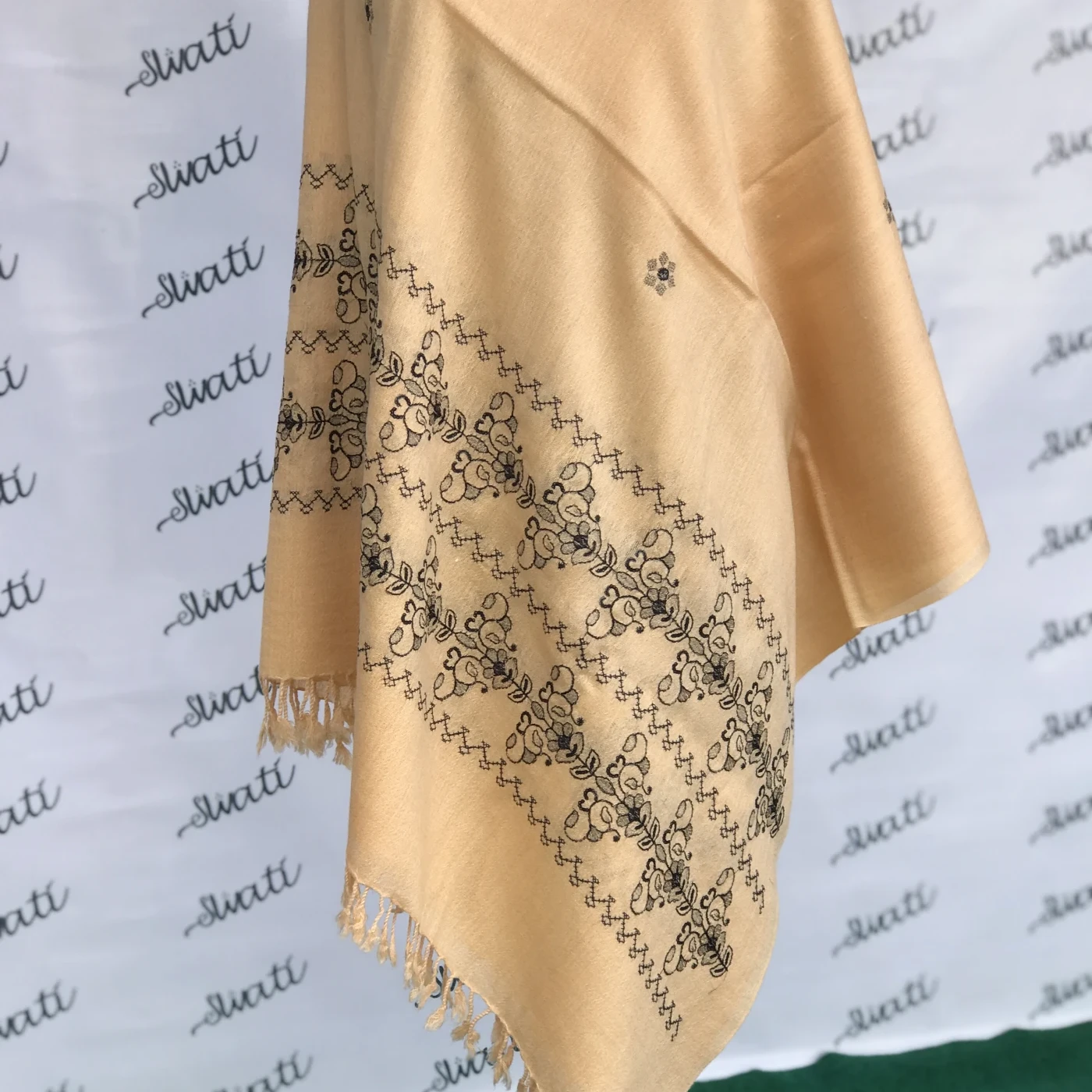 Dark cream color attractive machine embroided shawl