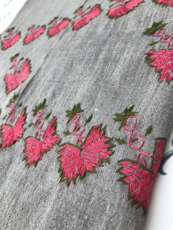 Swati hand embroided gray shawl with attractive pink and green embroidery woolen shawl