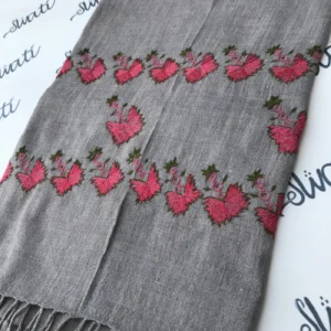 Swati hand embroided gray shawl with attractive pink and green embroidery woolen shawl