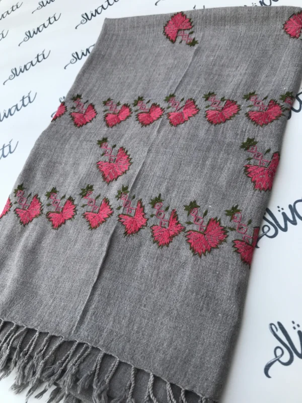 Swati hand embroided gray shawl with attractive pink and green embroidery woolen shawl