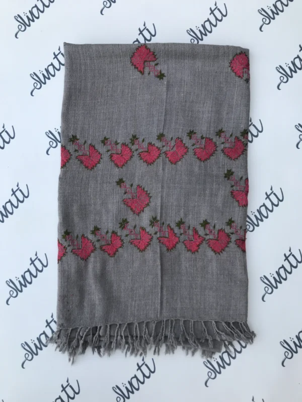 Swati hand embroided gray shawl with attractive pink and green embroidery woolen shawl