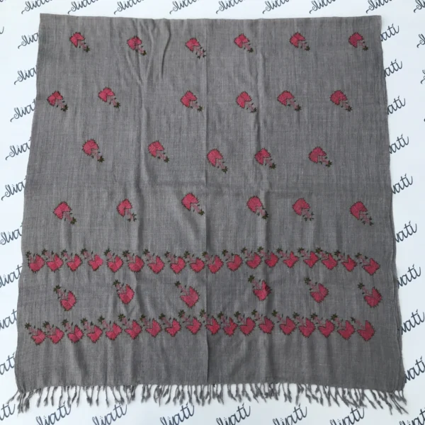 Swati hand embroided gray shawl with attractive pink and green embroidery woolen shawl