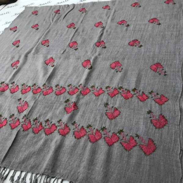 Swati hand embroided gray shawl with attractive pink and green embroidery woolen shawl