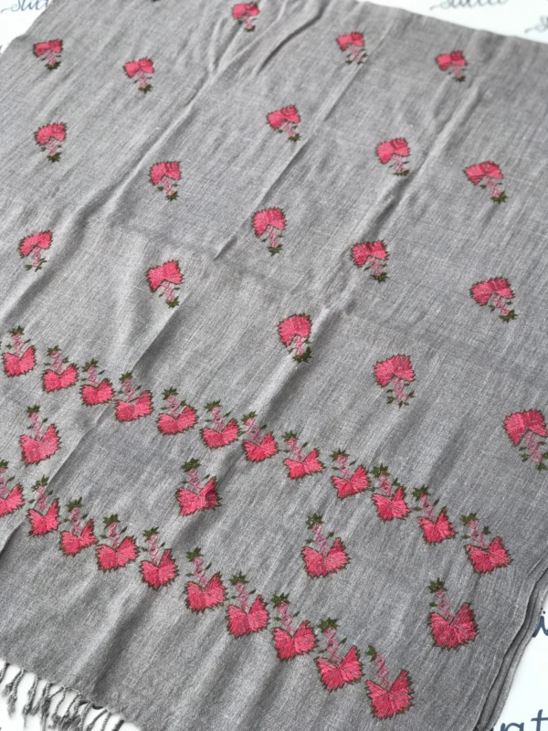 Swati hand embroided gray shawl with attractive pink and green embroidery woolen shawl