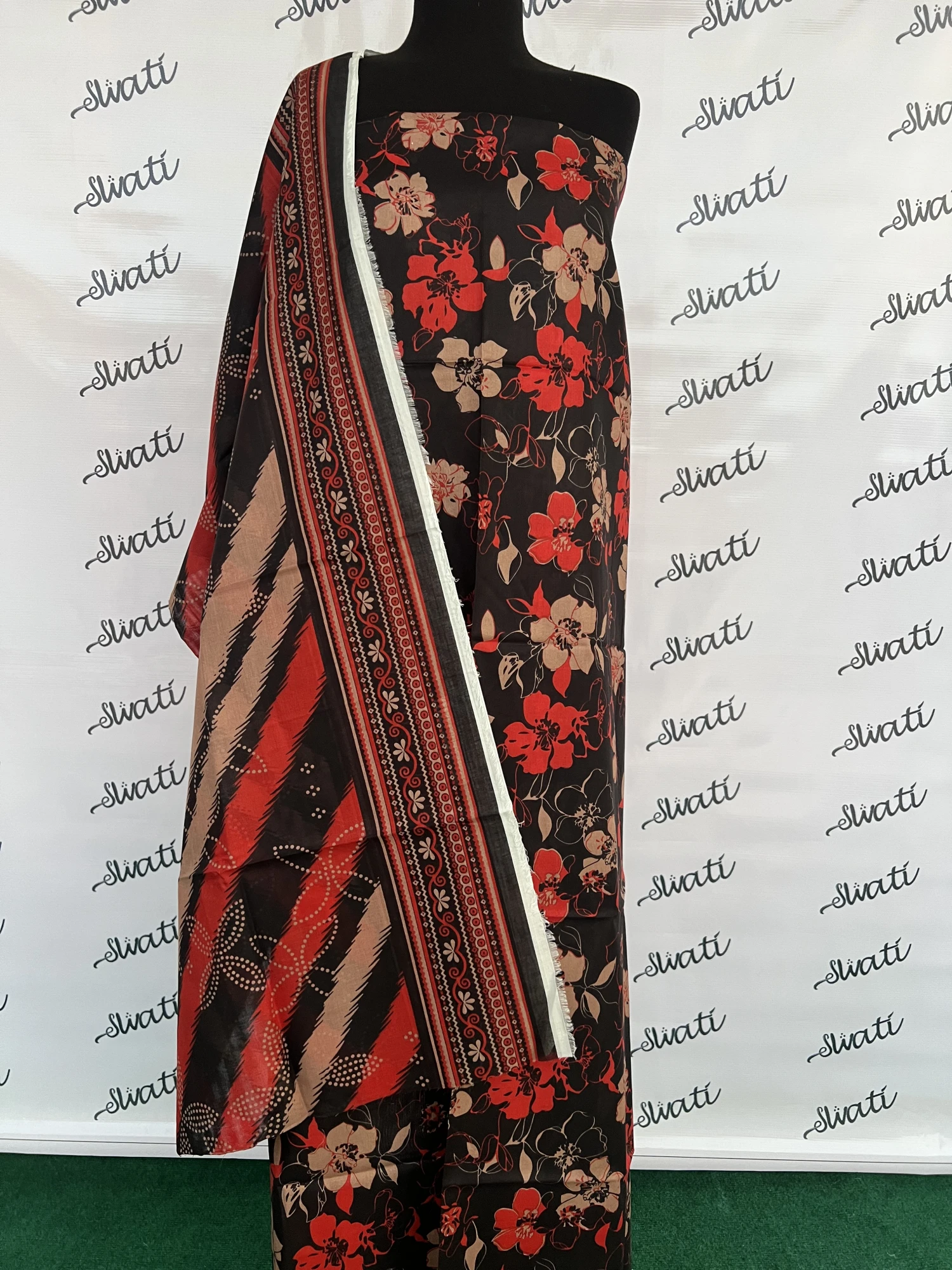 3 Piece Printed Lawn with attractive Black and Orange Design