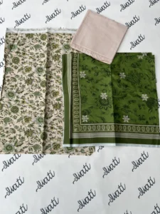 3 Piece Printed Summer Lawn unstitched dress with green and light color