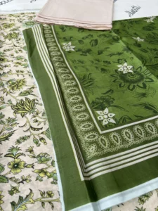 3 Piece Printed Summer Lawn unstitched dress with green and light color