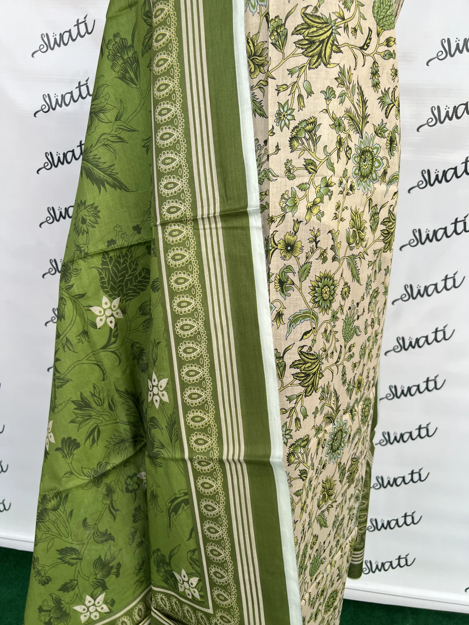 3 Piece Printed Summer Lawn unstitched dress with green and light color