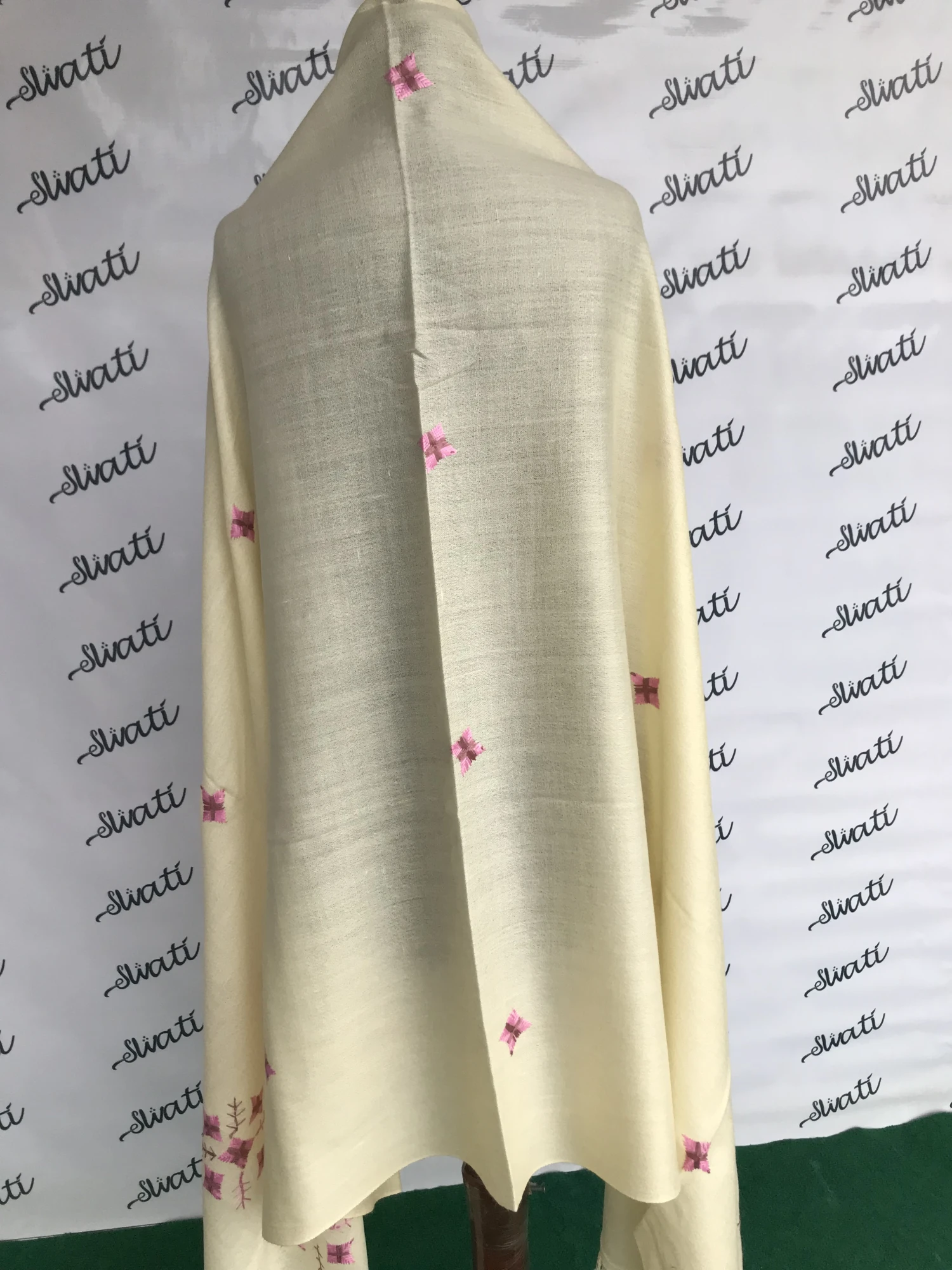 Attractive Cream Color Woolen Swati Shawl With Multi-color Hand-embroidery