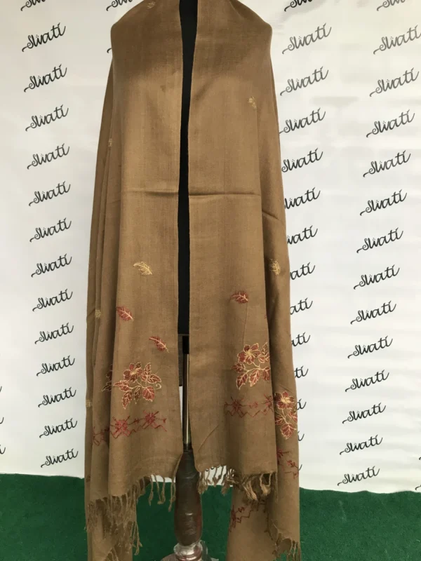 Swati Brown Color Woolen Shawl With Multi-color Embroidery