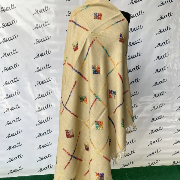 Attractive hand-embroidered woolen swati shawl with multi color embroidery
