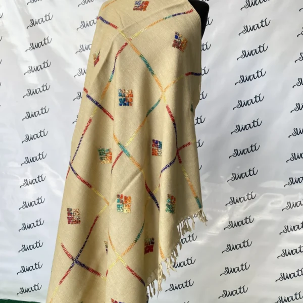 Attractive hand-embroidered woolen swati shawl with multi color embroidery