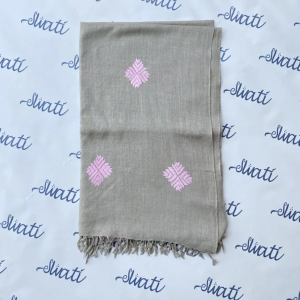 Swati Warm Grey Color Hand-embroidered Shawl with Pink Embroidery