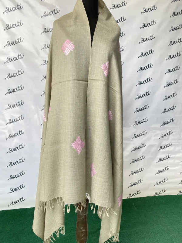 Swati Warm Grey Color Hand-embroidered Shawl with Pink Embroidery