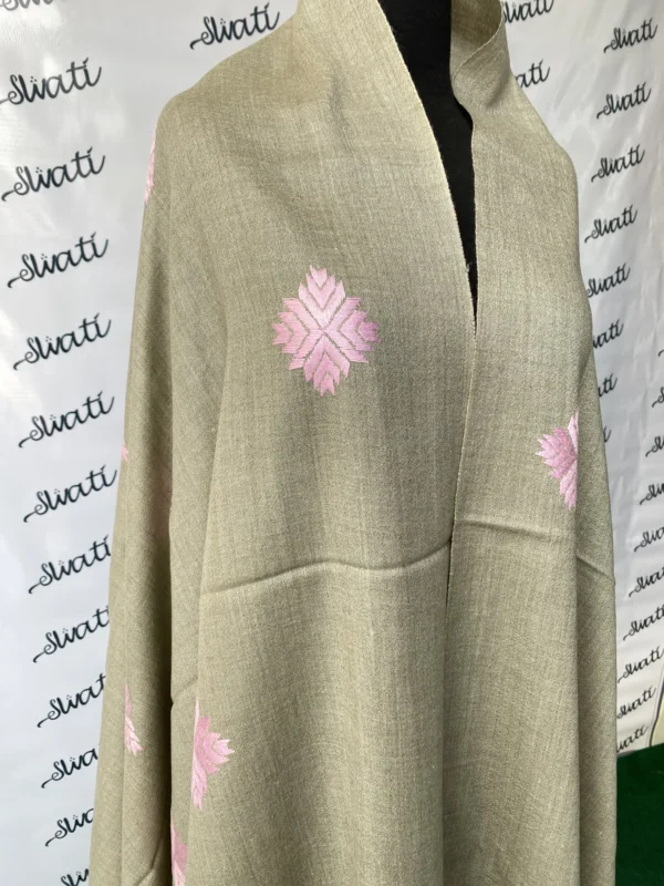 Swati Warm Grey Color Hand-embroidered Shawl with Pink Embroidery