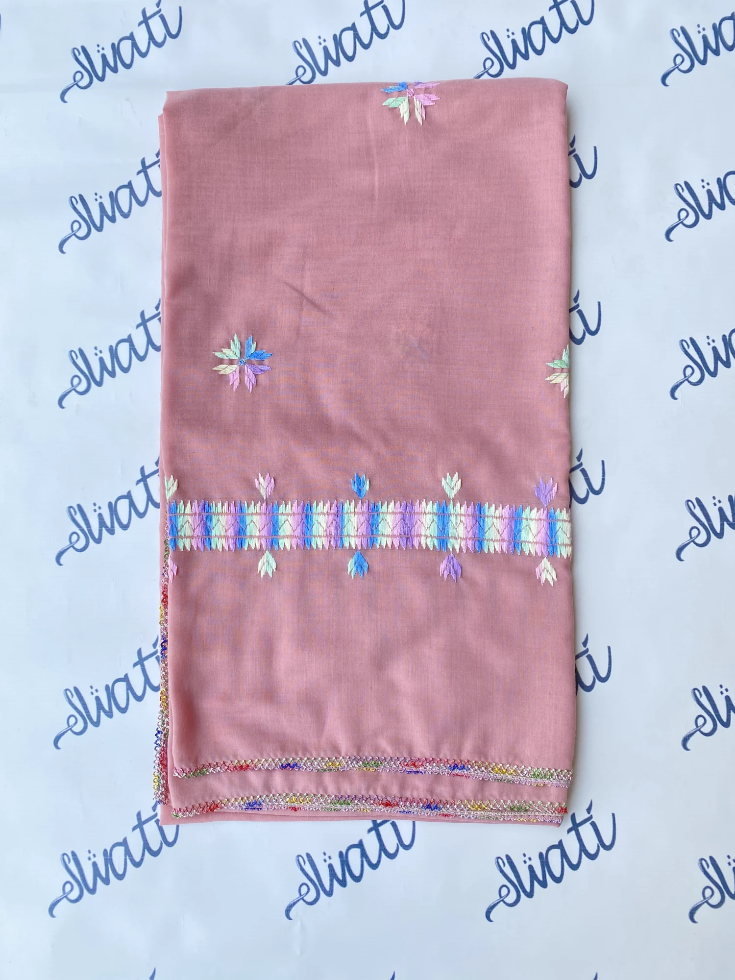 Swati Pink Color Swiss Lawn Summer Shawl with Colorful Hand-embroidery