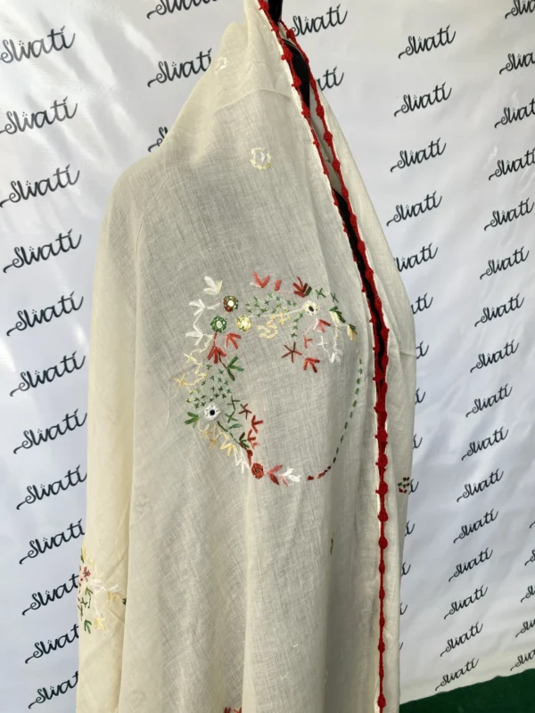 Attractive Cream Color Swati Shawl with Colorful Hand-embroidery