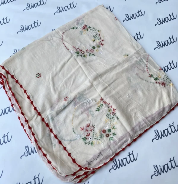 Attractive Cream Color Swati Shawl with Colorful Hand-embroidery