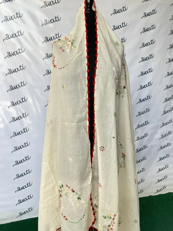 Attractive Cream Color Swati Shawl with Colorful Hand-embroidery