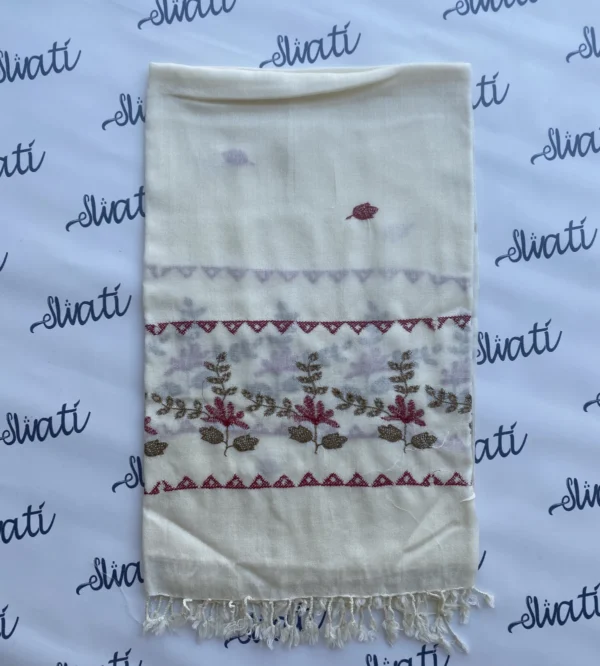 Beautiful Swati Woolen Machine-embroidery Cream Color Shawl