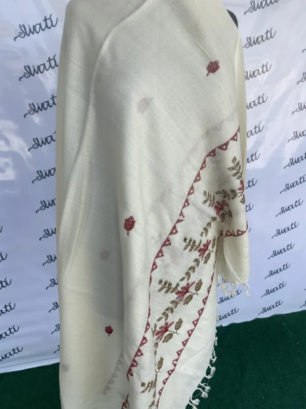 Beautiful Swati Woolen Machine-embroidery Cream Color Shawl