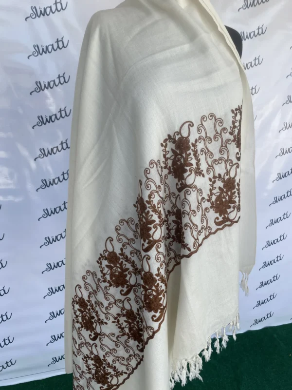 Attractive Swati Woolen Machine-embroidery Off-white Shawl