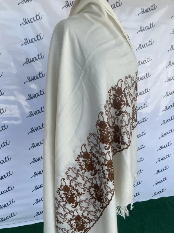 Attractive Swati Woolen Machine-embroidery Off-white Shawl